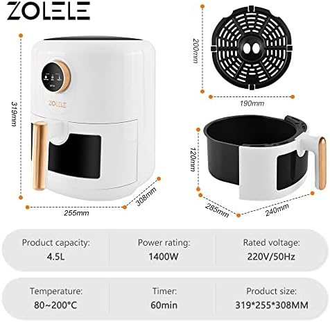 Zolele ZA004 Electric Air Fryer 4.5L Capacity Non-Stick Coating Frying Basket Knob Control Temperature 80-200 Degree Celsius 4D Hot Air Circulation Pull Pan Automatic Power Off s1400W Power - Black