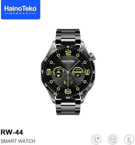 Haino Teko Germany RW44 Round Screen AMOLED Display Smart Watch With 3 Pair Straps and Wireless Charger For Gents and Boys Black