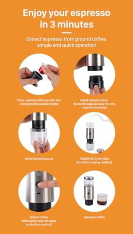 ZOLELE Espresso Machine (MG73T) Easy to Use, Portable & Wireless Espresso Machine Compatible With Both Capsules and Ground Coffee, 15-Bar Pump, 100 ml Built-in Water Tank & Rechargable Battery - Black