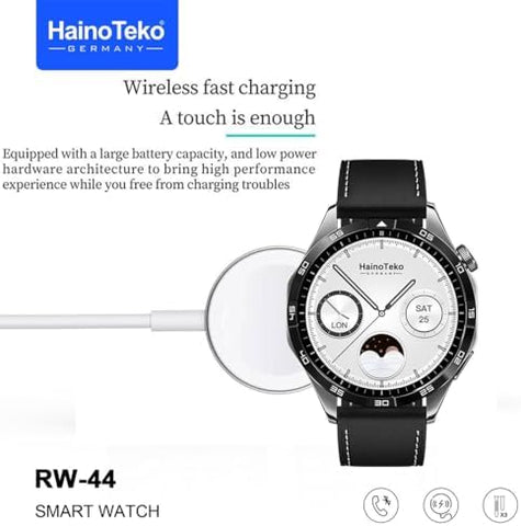 Haino Teko Germany RW44 Round Screen AMOLED Display Smart Watch With 3 Pair Straps and Wireless Charger For Gents and Boys Black