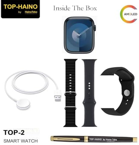 Top Haino By Haino Teko Germany TOP 2 Full Screen Real AMOLED Display Series 9 Smart Watch With 3 Pair Straps Wireless Charger and Pen Designed For Ladies and Gents