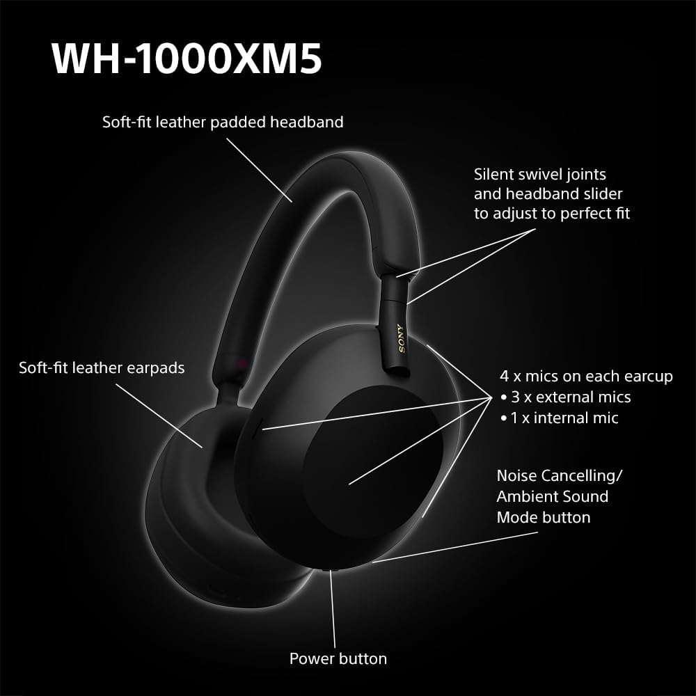Sony WH 1000XM5 Noise Cancelling Wireless Headphones 30 hours battery life Over ear style Optimised for Alexa and the Google Assistant with built in mic for phone calls Black, One Size