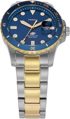 Fossil Men's Blue Quartz Stainless Steel Three-Hand Watch, Color: Two Tone/Blue Taper (Model: FS6034)