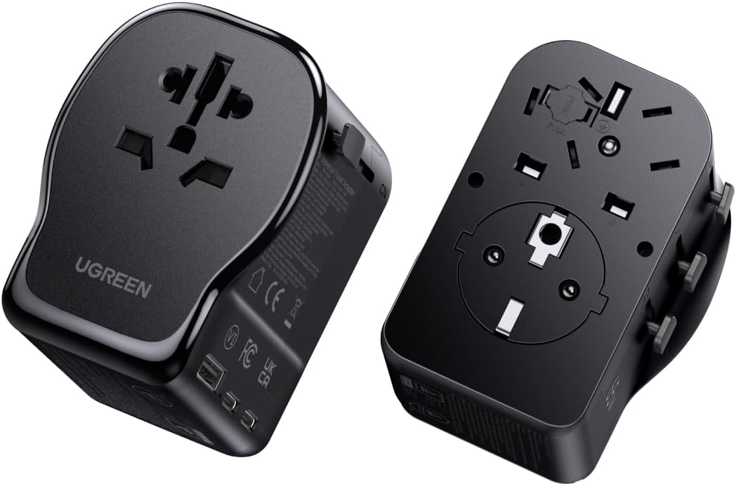 UGREEN GaN Universal Travel Adapter Worldwide Plug with 3 USB Ports PD 65W | GaN International Charger, 65W USB Fast Charging, 2 USB-C+1 USB-A Ports, Power 4 Devices Simultaneously, Broad Compatibility