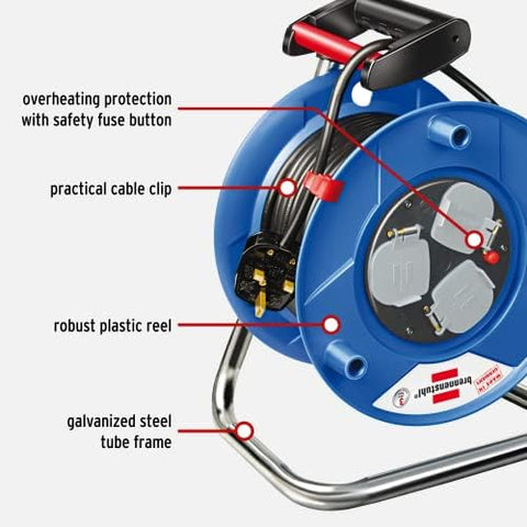 Brennenstuhl Garant Multistandard 50 m cable reel, 3-way (sockets suitable for BS, U.S. and EURO plugs, with steel tube frame and ergonomic handle), Made in Germany