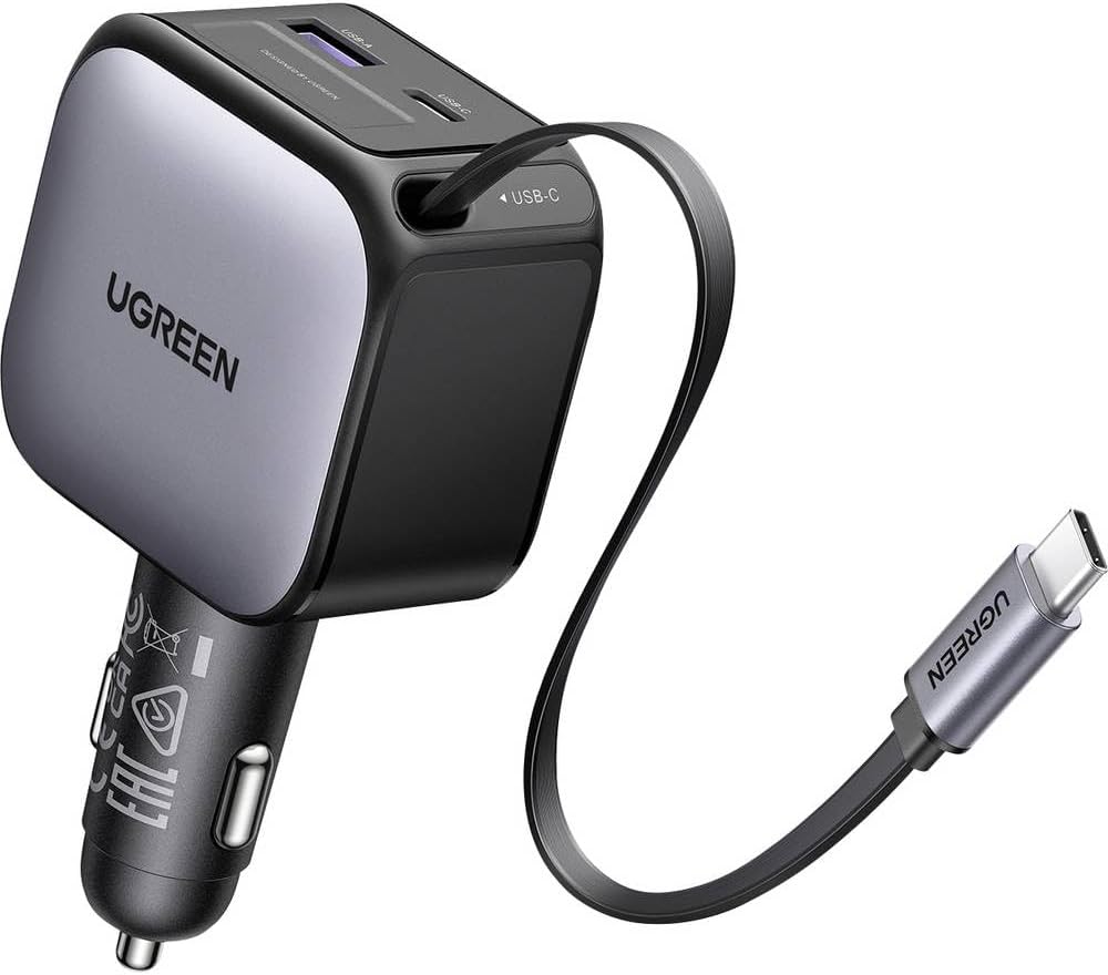 UGREEN 3-Port 1A 2C 60W PD Fast Car Charger with Retractable