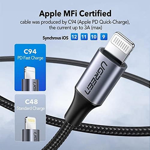 UGREEN US304-70523 USB-C to Lightning MFI Cable Alu Case with Nylon Braided 3A PD Fast Charging 1m - Silver