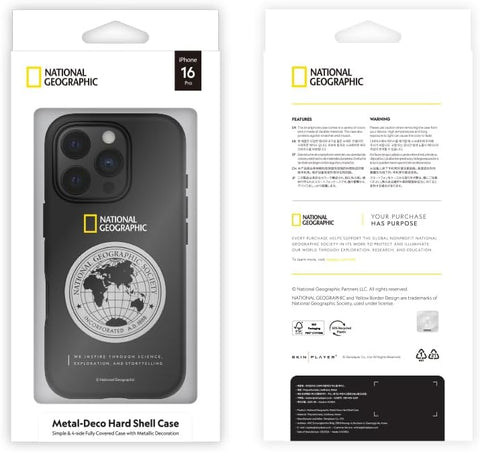 National Geographic Metal Deco Hard Shell Case Apple iPhone 16 Pro Cover - Compatible with most of the Magnetic Car Holders - Black