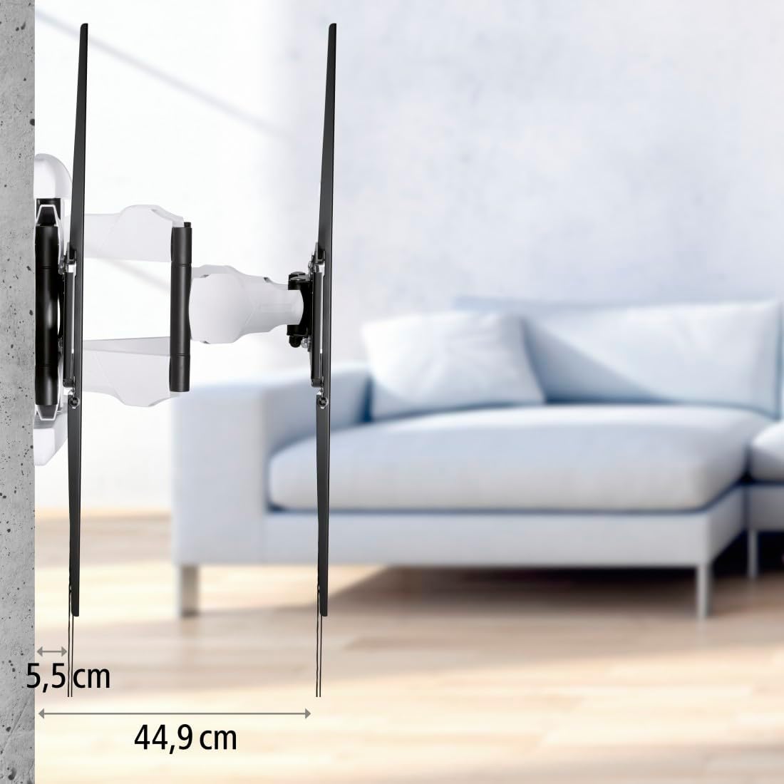 Hama Full Motion TV Wall Mount, 46–90 Inch (117–229 cm), Swivel 120°, Tilt +2°/-10°, Extendable Arm, VESA 300x100–800x600, Max 75 kg Heavy Duty, with Cable Management & Drilling Template, Black/White