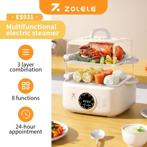 ZOLELE ES931 Electric Steamer 9.3L Large Capacity 3-Tier Steamer with Removable Inner Liner, Non-Stick Ceramic Coating Built-in Timer Easy to Clean Healthy Cooking for Vegetables Fish and Meat - White