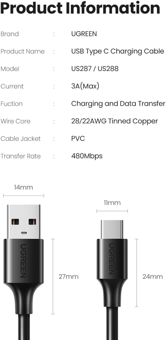 Ugreen cable USB to USB cable Type C 2 A 1m black US287