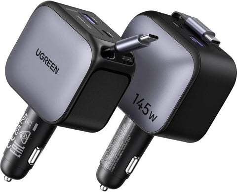 UGREEN 4-Port 1A 3C 145W PD Fast Car Charger with Retractabl