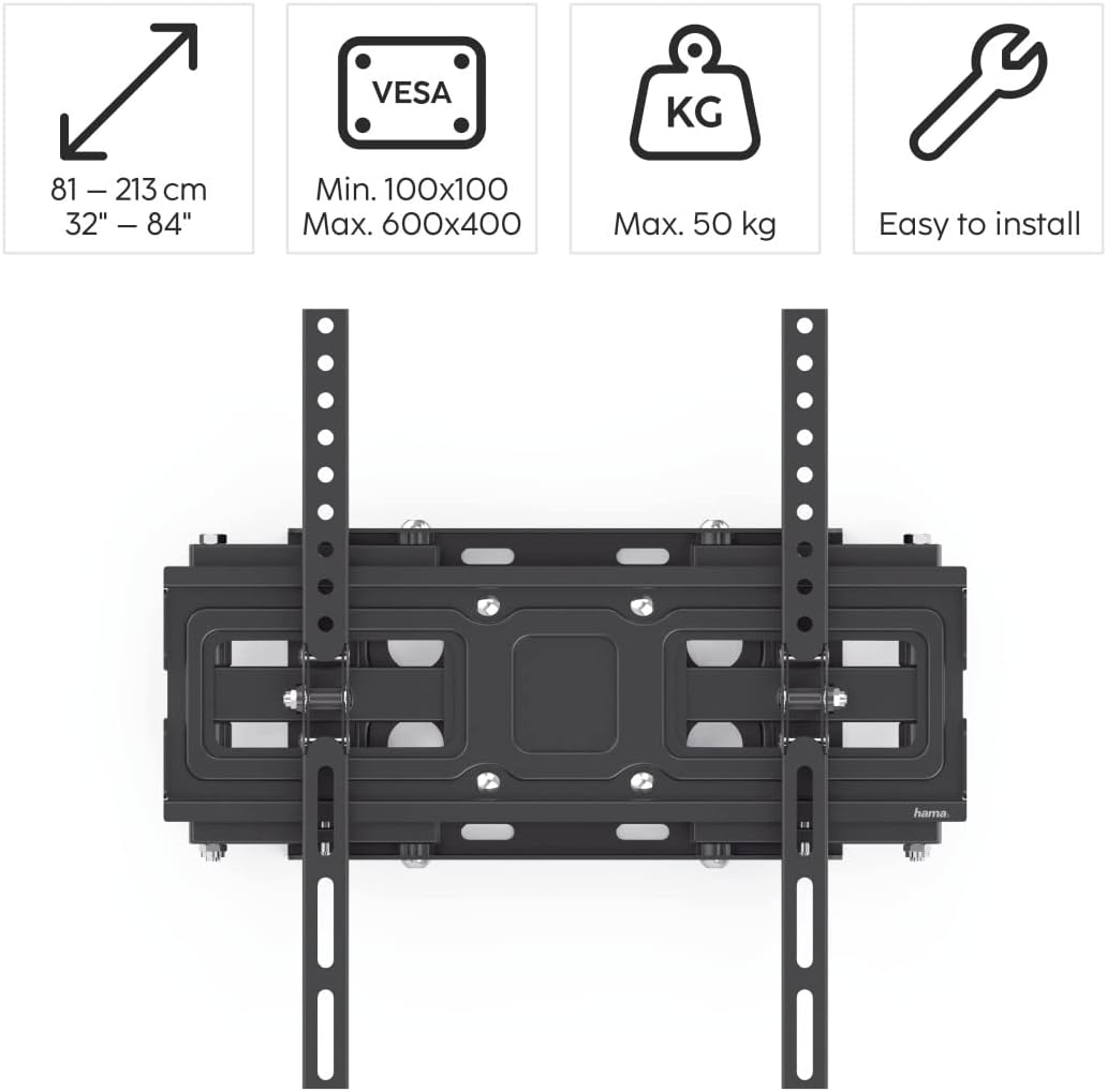 Hama TV Wall Mount Swivelling, Tilting, Extendable (TV Wall Mount 32-84 Inches, VESA 100 x 100 to VESA 600 x 400, up to 50 kg, 2 Arms, 3 Joints, with Fischer Dowels and Drilling Template) Black