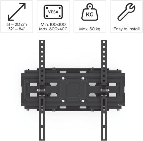 Hama TV Wall Mount Swivelling, Tilting, Extendable (TV Wall Mount 32-84 Inches, VESA 100 x 100 to VESA 600 x 400, up to 50 kg, 2 Arms, 3 Joints, with Fischer Dowels and Drilling Template) Black