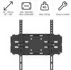 Hama TV Wall Mount Swivelling, Tilting, Extendable (TV Wall Mount 32-84 Inches, VESA 100 x 100 to VESA 600 x 400, up to 50 kg, 2 Arms, 3 Joints, with Fischer Dowels and Drilling Template) Black