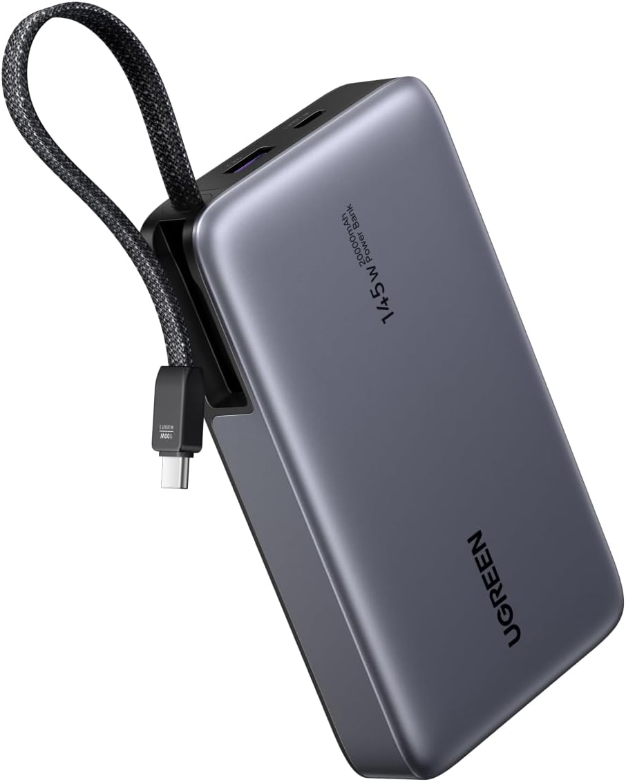 UGREEN Nexode 20000mAh 145W Power Bank Laptop Charger with Built-in Cable | High-capacity, 3-device fast charging, dual USB-C ports, flight-safe, digital display, fast-charge Laptops/Phones/Tablets