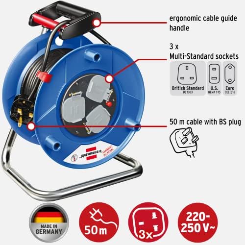 Brennenstuhl Garant Multistandard 50 m cable reel, 3-way (sockets suitable for BS, U.S. and EURO plugs, with steel tube frame and ergonomic handle), Made in Germany