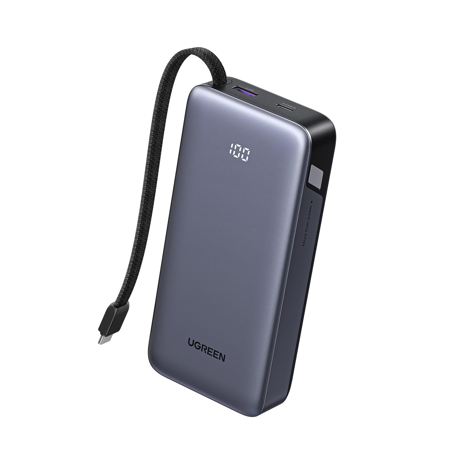 UGREEN Nexode 20000mAh 145W Power Bank Laptop Charger with Built-in Cable | High-capacity, 3-device fast charging, dual USB-C ports, flight-safe, digital display, fast-charge Laptops/Phones/Tablets