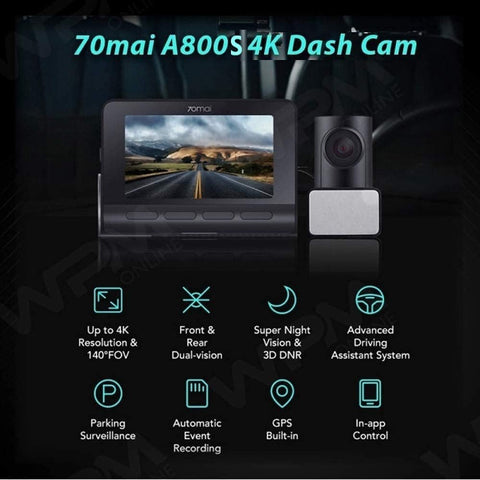 70mai A800S Dual Vision True 4K Dash Cam, Built-in GPS, ADAS, in App Playback & Share, Optional Parking Monitoring (Front + Rear Cam)