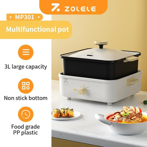 ZOLELE Split Cooking Pot 3L MP301 Easy To Use 3 in 1 Multi-function Electric Cooking Pot With NonStick 3 Liter Capacity,800W Electric Cooking Machine & Knob Type Control Panel & Removable Tray - White