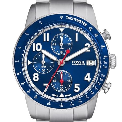 Fossil Men's Sport Tourer Quartz Stainless Steel Chronograph Watch, Color: Silver/Blue (Model: FS6047)