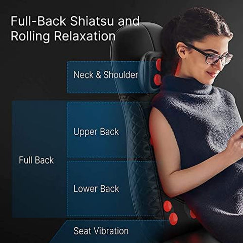 RENPHO Back Massager with Heat, Shiatsu Massage Chair, Full Back Massager Deep Tissue Kneading, Massager Seat Vibration, Height Adjustable Use at Home & Office