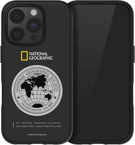 National Geographic Metal Deco Hard Shell Case Apple iPhone 16 Pro Cover - Compatible with most of the Magnetic Car Holders - Black