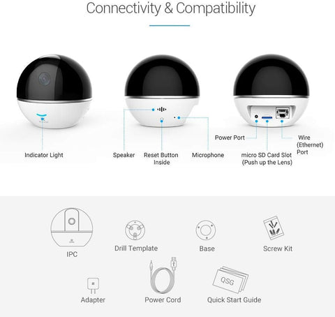 EZVIZ C6TC, 1080p WiFi Smart Home Security Camera, Surveillance Camera with Motion Tracking, 360 Rotating, Two Way Talk, Brilliant Night Vision White, CS CV248 B0 32WFR(EU)