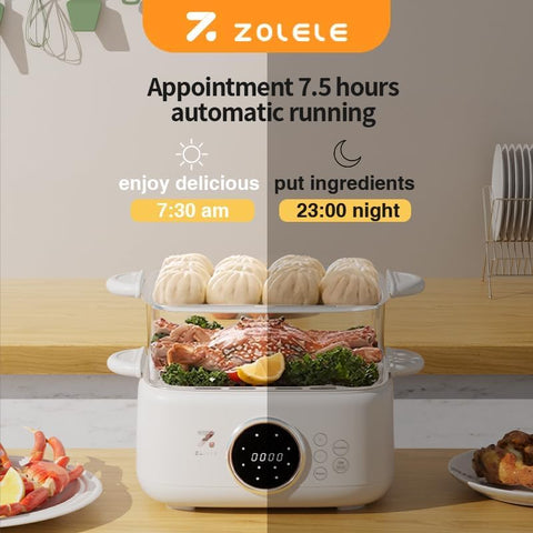 ZOLELE ES931 Electric Steamer 9.3L Large Capacity 3-Tier Steamer with Removable Inner Liner, Non-Stick Ceramic Coating Built-in Timer Easy to Clean Healthy Cooking for Vegetables Fish and Meat - White