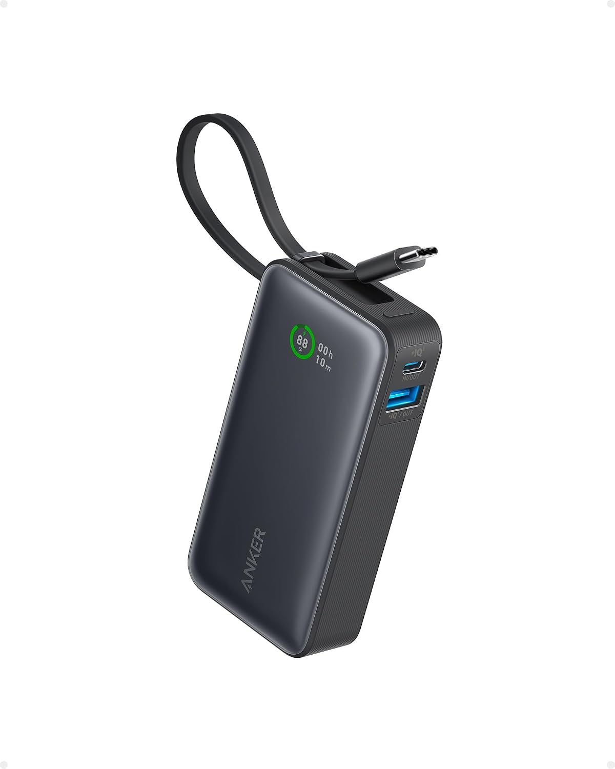 Anker Nano Power Bank, 10,000mAh Portable Charger with Built-In USB-C Cable, 30W Max Output, for iPhone 17/16 Series, MacBook, AirPods, and More | 1 x USB-C and 1 x USB-A, for iPhone 17 / 16 / 15 / 14, MacBook, Galaxy, iPad, AirPods and more