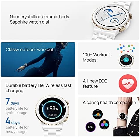 HUAWEI WATCH GT 3 Pro Smartwatch - Fashion Fitness Tracker and Health Monitor with Heart Rate, ECG, Blood Oxygen & Menstruation Cycle Tracking - Battery Up to 7 Days - Bluetooth - 43" White Ceramic