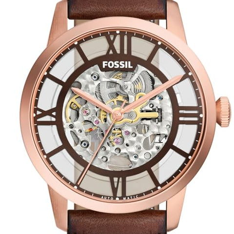 Fossil Men's Townsman Automatic Stainless Steel and Leather Three-Hand Skeleton Watch, Color: Rose Gold/Chocolate (Model: ME3259)