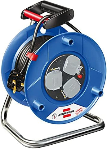 Brennenstuhl Garant Multistandard 50 m cable reel, 3-way (sockets suitable for BS, U.S. and EURO plugs, with steel tube frame and ergonomic handle), Made in Germany