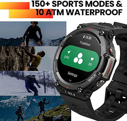 Amazfit T Rex 2 Smart Watch, Premium Multisport GPS Sports Watch, Real time Navigation, 150+ Sports Modes, Heart Rate, SpO2 Monitoring, Ember Black, standard size