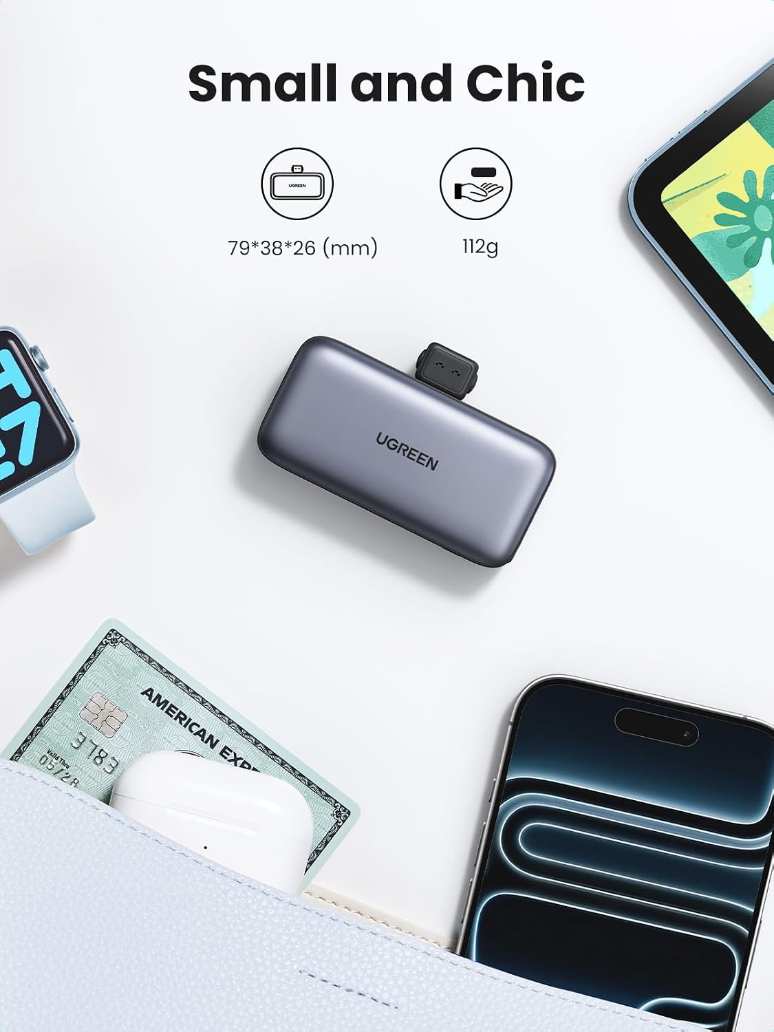 UGREEN Mini Power Bank, 5000mAh with Built-In 3.77mm Long USB C Connector | SCP 22.5W Fast Charging, pocket-sized, charging for iPhone 17/16, Galaxy S26, AirPods, Huawei, for travel/work/outdoor use