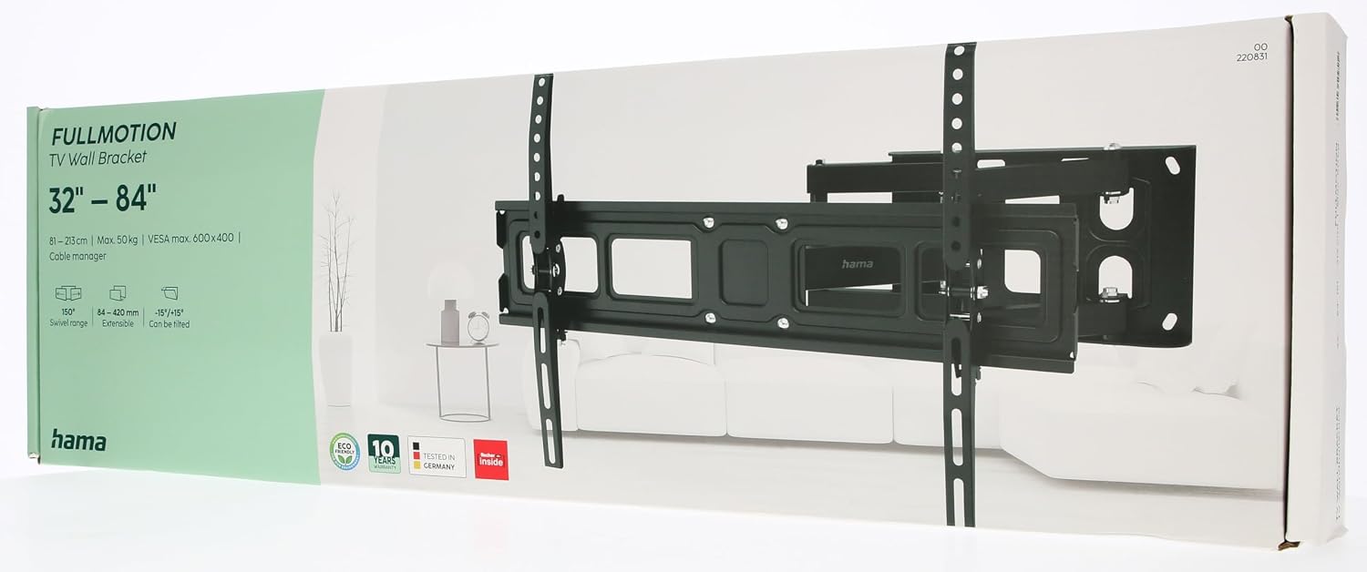 Hama TV Wall Mount Swivelling, Tilting, Extendable (TV Wall Mount 32-84 Inches, VESA 100 x 100 to VESA 600 x 400, up to 50 kg, 2 Arms, 3 Joints, with Fischer Dowels and Drilling Template) Black