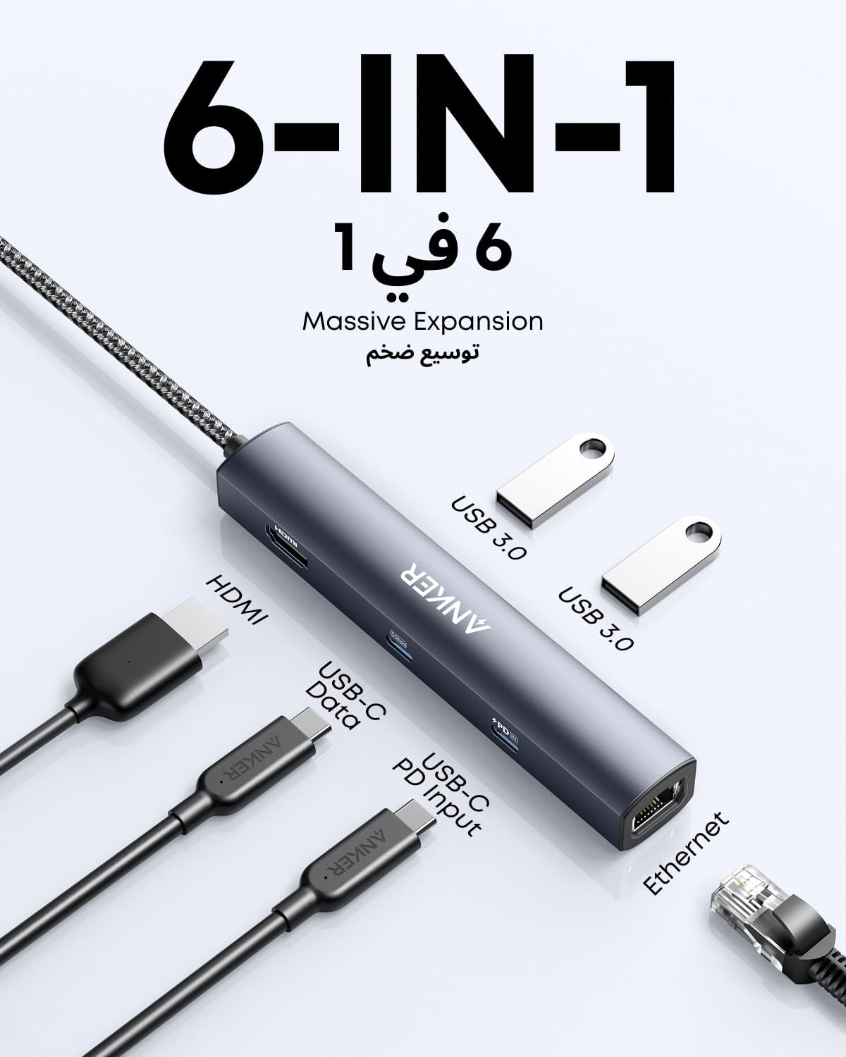 Anker USB C Hub, PowerExpand 6-in-1 USB C PD Ethernet Hub with 65W Power Delivery, 4K HDMI, 1Gbps Ethernet, USB-C Data Port, 2 USB 3.0 Data Ports, for MacBook Pro, MacBook Air, iPad Pro, XPS, and More