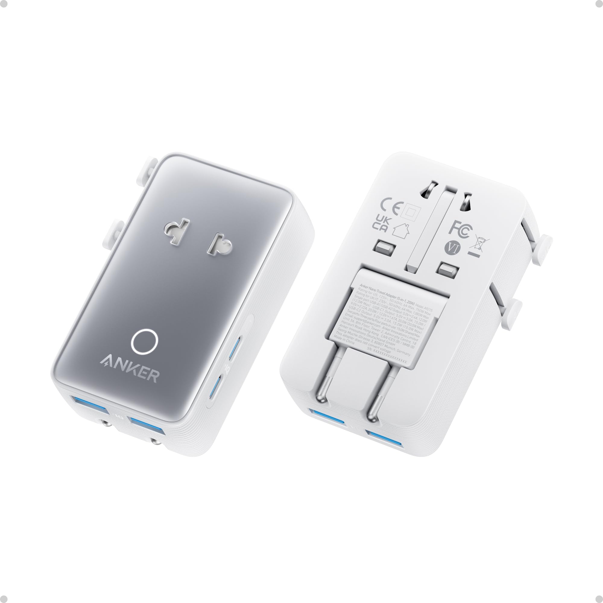 Anker Nano European Travel Plug Adapter, 5-Port Fordable (1-Pack, Black) | with 1AC 2USB-A 2USB-C Ports, Temperature Control, Essentials for Over 200 Countries, Ideal for Travel