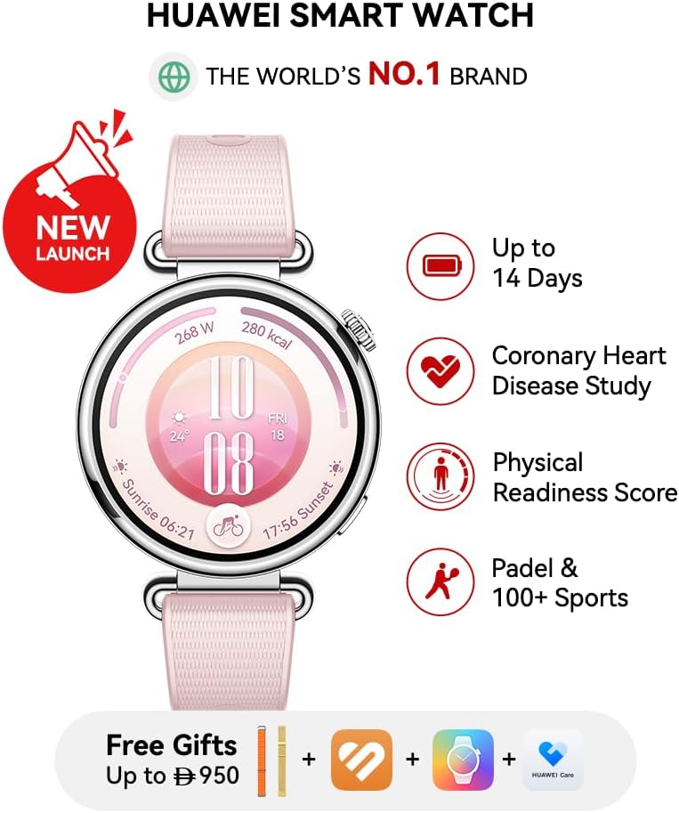 HUAWEI WATCH GT7 41mm Smart Watch, Upto 14 Days of Battery, iOS-Android Compatible, ECG, Heart Rate, 100+ Sports Modes, Physical Readiness Score, EasyCross Strap, Pink+FOC, HuaweiCare+ (AZ Exclusive)