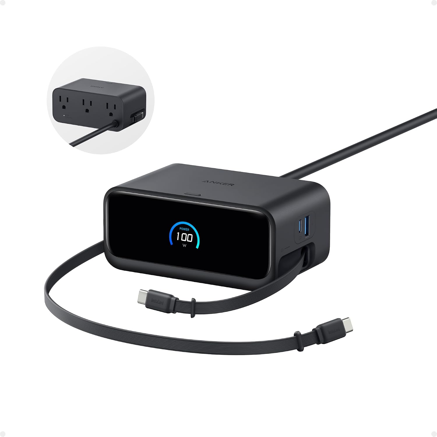 Anker Nano Charging Station, 100W 7-in-1 Power Strip, Retractable Charger | 2.3ft InstaCord Cable, Gaming Desk Accessories for Multiple Devices, 3 AC, 3 USB C, 1 USB A, MacBook Charger, Home Office