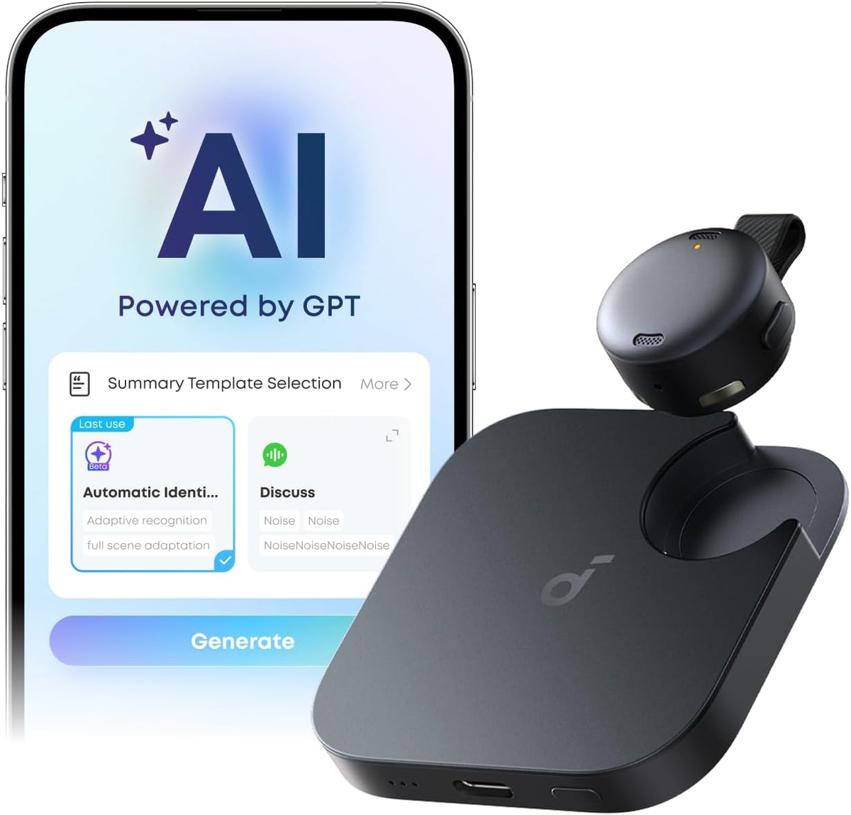 soundcore Work by Anker, Portable AI Voice Recorder,AI Note Taker, AI Transcription & Summarization, Cross - Meeting Summary, MFi Certified, Privacy Protection