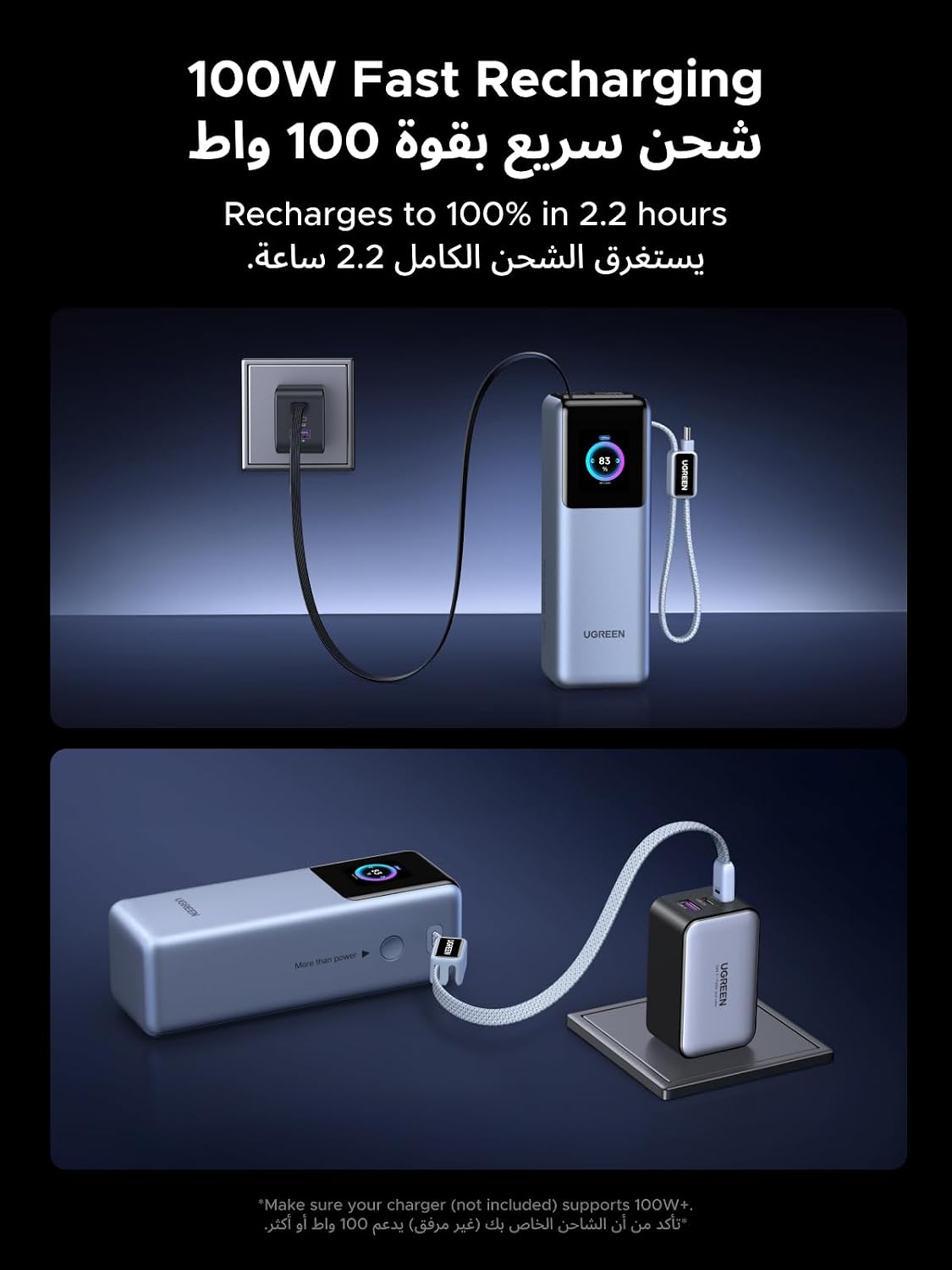 UGREEN Power Bank 25000mAh 200W Fast Portable Charger for Dual Laptops | Nexode Pro,flight-safe, 200W total output, built-in+retract cables, smart display, 4-device charge,for Macbook/iPad/iPhone.