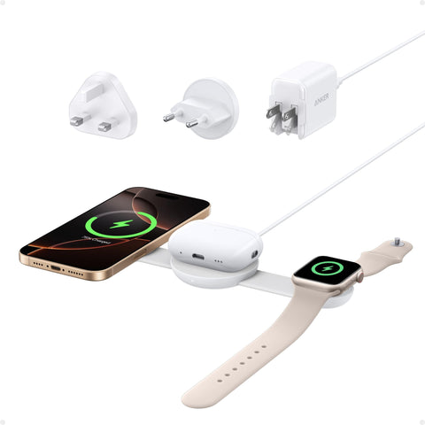 Anker MagSafe Compatible MagGo UFO 3-in-1 Charger, iPhone 17 Wireless Charging Station, 15W Qi2 Certified, Foldable Travel Charging Pad, for iPhone 17/16/15, AirPods, Apple Watch (Not a Power Bank)
