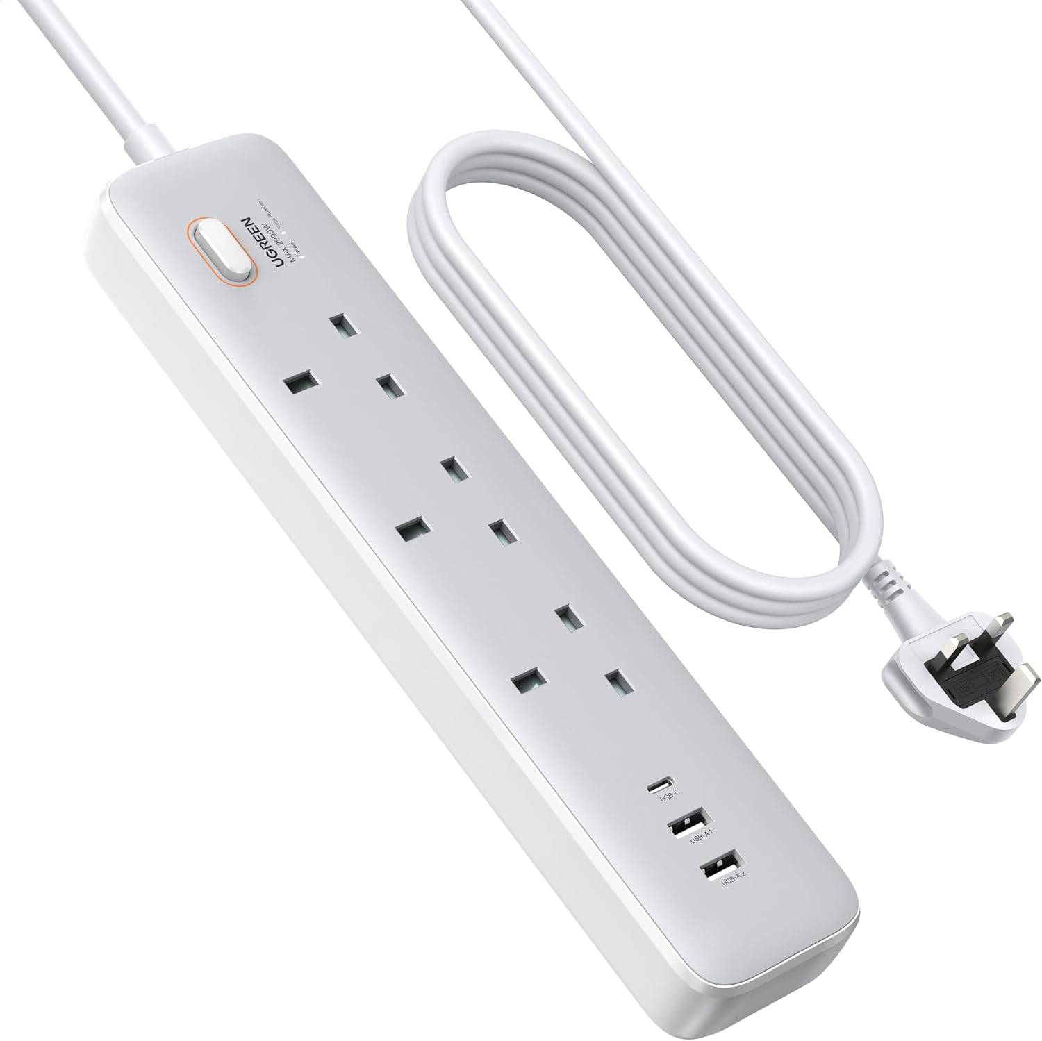 UGREEN GaN 6-in-1 Surge Protector Power Strip with PD30W USB-C (2A1C), Overload/Short-Circuit/Overheat Protection Extension Cord with 3 AC Outlet, UK Plugs with 2M Lead for Home Office Travel, etc