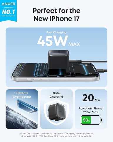 Anker Nano 45W Type C Fast Charging Charger, Compact and Folddable Plug, USB-C Charger Block for Samsung Galaxy S26 Ultra/S25 Series, iPhone 17 Series, MacBook, Pixel 9, iPad (6 ft Cable Included)