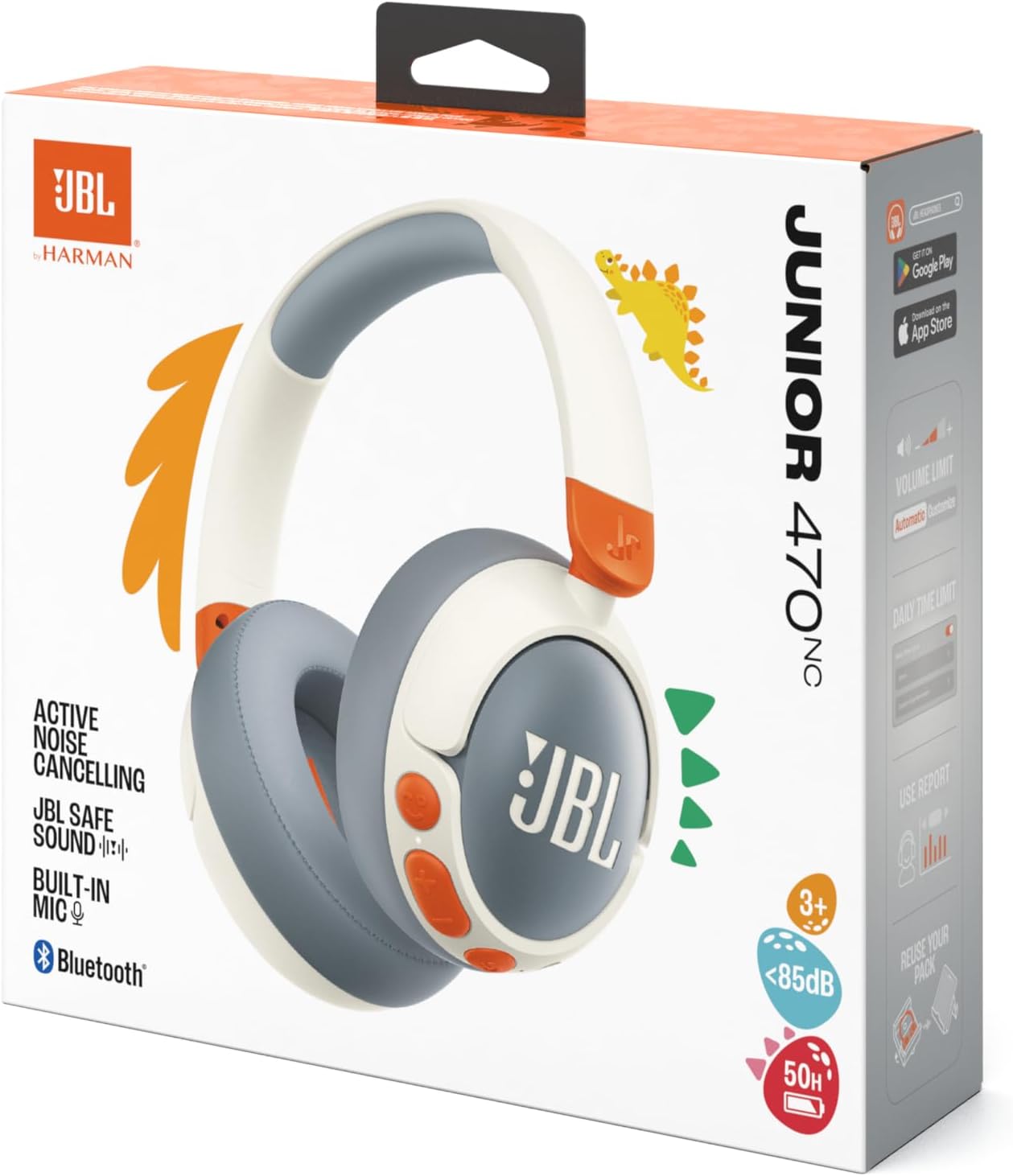 JBL Junior 470 NC Wireless Over-Ear Bluetooth Headphones with Active Noise Cancelling for Kids, Microphone, 50h Playback, JBL Safe Sound, Low Volume, Easy Operation and Stickers, White
