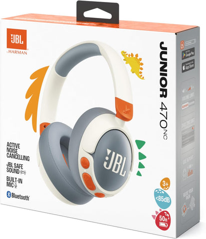 JBL Junior 470 NC Wireless Over-Ear Bluetooth Headphones with Active Noise Cancelling for Kids, Microphone, 50h Playback, JBL Safe Sound, Low Volume, Easy Operation and Stickers, White