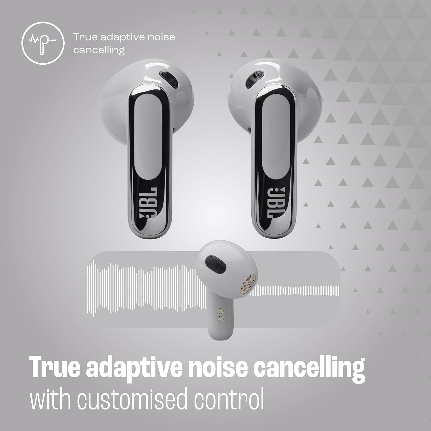 JBL LIVE FLEX 3 True wireless noise-cancelling earbuds with open-stick design and 50 hours total playback plus wireless charging, JBLLIVEFLEX3SIL, Silver