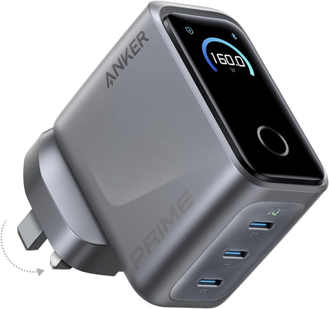 Anker Prime USB C Charger, 160W 3-Port Compact USB C GaN Charger, Smart Display and Touch Control, 140W Any-Single-Port Charging for MacBook, iPad, iPhone 17/16 Series, and More (Cable Not Included)