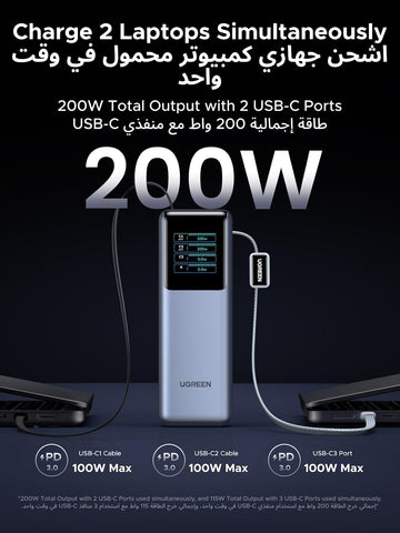 UGREEN Power Bank 25000mAh 200W Fast Portable Charger for Dual Laptops | Nexode Pro,flight-safe, 200W total output, built-in+retract cables, smart display, 4-device charge,for Macbook/iPad/iPhone.